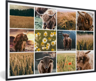 Produktbild von MuchoWow® MuchoWow® Gerahmtes Poster Schottisches Hochlandrind - Collage - Blumen - Garten 30x20 cm - Poster mit zchwarzem Bilderrahmen - Kunstdruck - Bild-Poster
