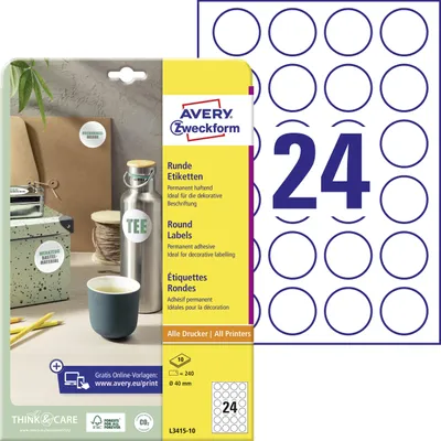 Zdjęcie produktu dla AVERY Zweckform L3415-10 240 AVERY Zweckform Etiketten L3415-10 weiß 40,0 x 40,0 mm