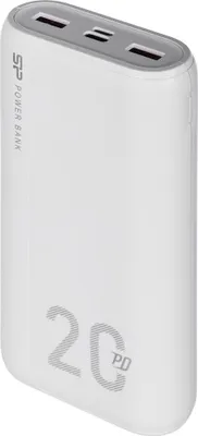 A white power bank with multiple ports on top and branding on the side and front.