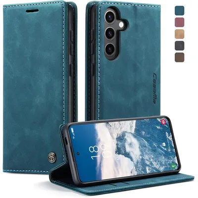 Image de Coque rabattable pour Samsung Galaxy S24 FE 5G, bleu-vert, en cuir, avec porte-cartes et fonction support