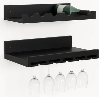 Zdjęcie produktu dla zestaw 2 stojaków na wino HWC-P22, stojak na kieliszki/butelki na 6 butelek/15 kieliszków drewno z certyfikatem MVG 61x28cm ~ czarny