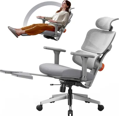 Obrázek produktu pro Ergonomická kancelářská židle – NT002 – S opěrkou nohou – Adaptivní bederní opěrka – Pohyblivé opěradlo a opěrka hlavy – Výškově nastavitelná – Otočná s kolečky – Šedá