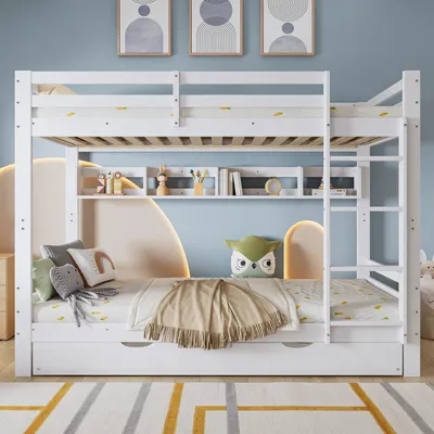 Produktbild von Etagenbett, Kinderbett, Ausziehbares Bett mit Rollen, Mit mit einer Reihe von 2 Meter langen Regalen, Stabile Bettlatten und Leiter, Kiefer + MDF+ Sperrholz , Weiß, 90x200cm
