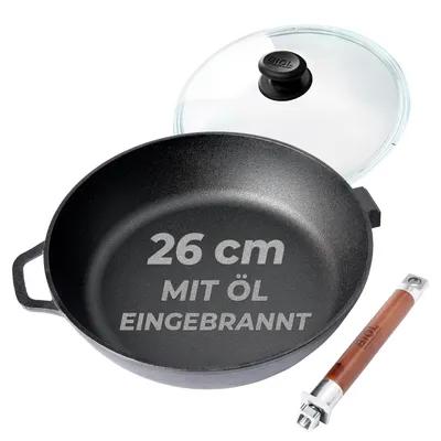 Produktbild von BIOL Tiefe Gusseiserne Pfanne 26cm mit Glasdeckel und abnehmbarem Holzgriff