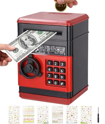 Produktbild von Elektronischer Sparsafe, passwortgeschützter Sparsafe für Kinder, automatische Geldrolle mit niedlichen Aufklebern, Geburtstagsgeschenk für Mädchen und Jungen, rot und schwarz