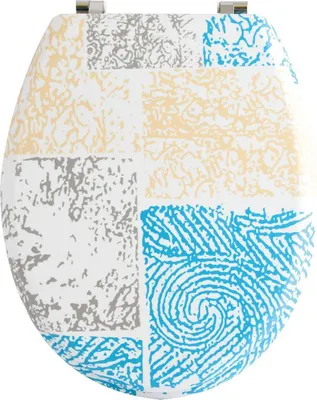 A toilet seat with a patchwork design.