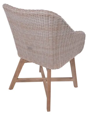 A single wicker chair with wooden legs, shown from the back and side.