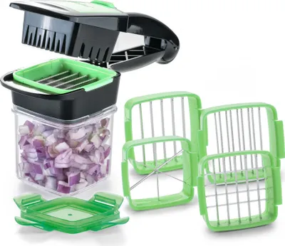 Produktbild von Genius Nicer Dicer Quick 7tlg Zerkleinerer für Obst und Gemüse, 5 in 1 Multischneider mit austauschbaren Messereinsätzen, 30 Würfel oder 10 Scheiben