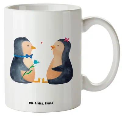 Produktbild von Mr. & Mrs. Panda Teebecher Pinguin Pärchen - Weiß - Geschenk, Große Tasse, Hochzeitsgeschenk, Pott, Liebe, Verknallt, Verlobung, Teetasse, Haferl, großer kaffeepott