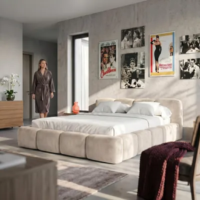 Produktbild von MUFFO Polsterbett SUENO 160x200 cm in Hellgrau, gepolstertes Kopfteil, Metalllattenrost, Bettkasten, Velour-Stoff