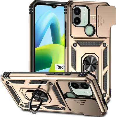 Produktbild von Redmi A1+ Hülle mit Schiebe Kamera Schutz und Ringhalter Ständer Robust Rüstung Schutzhülle für Xiaomi Redmi A1 / A1+ Gold