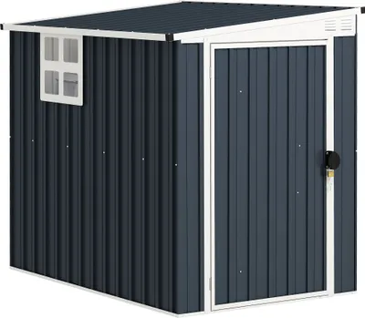 A dark gray metal garden shed with a white trim and a small window.