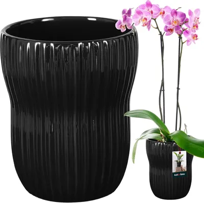 Produktbild von KOTARBAU® Blumentopf Schwarz innen rund ⌀ 11,5 cm H: 16,5 cm gerillter glasierte Keramik Blumentöpfe innen Blumenübertopf Keramik Pflanzentopf innen Orchideenübertöpfe Keramik Blumentopf groß Flower Pot