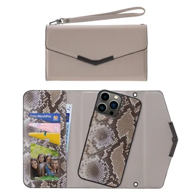 Zdjęcie produktu dla Mobilize Elegant Magnet – etui na iPhone'a 13 Pro z odpinanym kopertówką 2 w 1 – beżowe w wężowy wzór