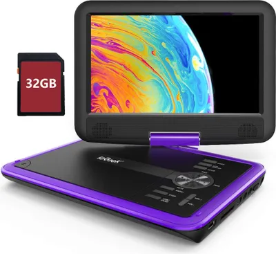 Obrázek produktu pro ieGeek 11,5" přenosný DVD přehrávač s 9,5" HD otočnou obrazovkou s ochranou očí CD přehrávač, dobíjecí, paměť Hold Point, fialový, 32 GB