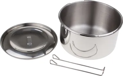A stainless steel pot with a lid and two handles, shown on a white background.