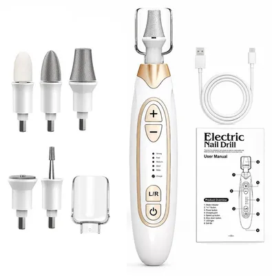 Produktbild von Nagelfräser Set, elektrischer Nagelschleifer für Gel- und Acrylnägel, 5 Geschwindigkeitsstufen, LED, kabellos, USB-C, 8 Schleifaufsätze für Maniküre und Pediküre