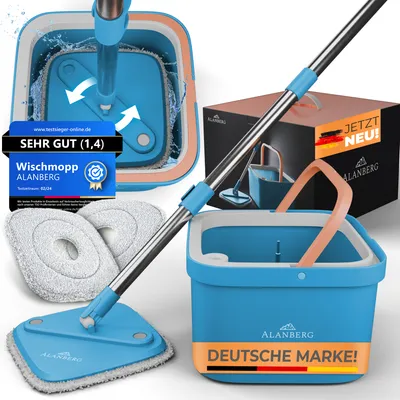 Produktbild von ALANBERG® Wischmopp Set mit Eimer – 2 Kammersystem für Schmutz- & Frischwassertrennung, selbstauswringender Bodenwischer (Blau) für alle Bodenarten