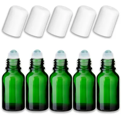 Produktbild von 5x Grüne Glasflasche 15 ml Roll-On mit weißem Verschluss – Glaskugel