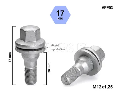 Obrázok produktu pre Skrutka kolesa M12x1,25x36, VPE03, plochá podložka, CITROËN, PEUGEOT, kľúč 17, výška 57 mm