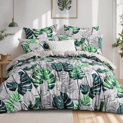 Imagen del producto de Juego de sábanas de microfibra Unyqoos® de 200 x 200 cm con estampado de Monstera, que incluye 1 funda de edredón y 2 fundas de almohada de 80 x 80 cm. Suave y fácil de cuidar, con cierre de cremallera y cantoneras
