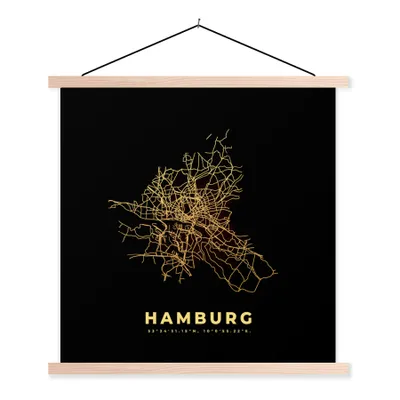 Produktbild von MuchoWow® Textilposter Hamburg - Karte - Gold - Stadtplan 40x40 cm mit holzfarbenen Rahmen - Posterleiste