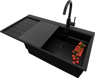Produktbild von PRIMAGRAN Granitspüle Alles Schwarz 90x50cm, Spülbecken 1 Becken + Ablauf-Set + Küchenzubehörset, Küchenspüle ab 60er Unterschrank - Sydney