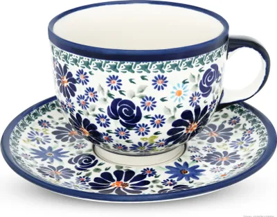 Produktbild von Original Bunzlauer Keramik große 500 ml Milchkaffeetasse Ø12 cm mit Unterschale Ø19,5 cm im Design DU126