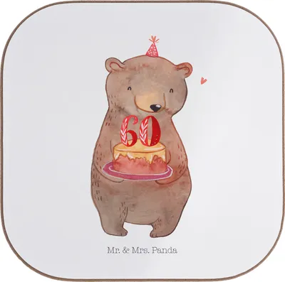 Produktbild von Mr. & Mrs. Panda Tischuntersetzer Bär Torte 60. Geburtstag - Weiß - Geschenk, Untersetzer Glas, Happy Birthday, Party, Coaster, Kuchen, für Gläser, gläseruntersetzer