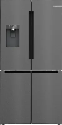 A front view of a black Bosch refrigerator with a water dispenser.
