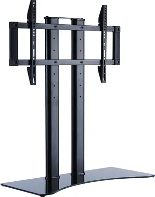 A black TV stand with a glass base, shown against a white background.