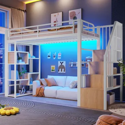 Image de Lit superposé avec éclairage LED intégré, structure en fer, espace de rangement, barrière de sécurité et échelle, étagère, matelas non inclus, dimensions 90 x 200 cm, couleur blanche