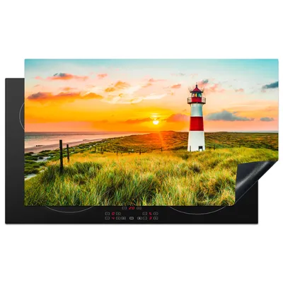 Produktbild von KitchenYeah© Herdabdeckplatte Leuchtturm - Natur - Sonne - Landschaft - Gras - Strand - Meer , 91x52cm, Küche Deko, Glaskeramikkochfeld Herdabdeckung, Abdeckplatte fùr Kochfeld