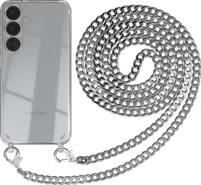 Produktbild von EAZY CASE Metall Handykette für Samsung Galaxy S25, Handyhülle mit Umhängeband, Silikonhülle, Metallkette für Smartphone in Silber
