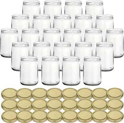Produktbild von gouveo 24er Set Einmachgläser 580 ml Klassik mit Schraubdeckel goldfarben - Vorratsgläser mit Drehverschluss TO82 - Leere Einkochgläser zum Befüllen