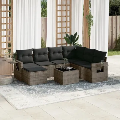 Produktbild von Design 8-tlg. Garten-Sofagarnitur mit Kissen Grau Poly Rattan, Gartenmöbel-Sets 2024 Neu