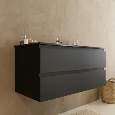 Produktbild von LOMAZOO Badezimmermöbel Mattschwarz 100 cm [MARENZA] - Waschtischunterschränke - Schwarzes Waschbecken - Keramikwaschbecken - Schwebender Waschtischunterschrank