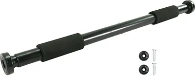 A black pull-up bar with foam grips is shown against a white background. Two small black washers and two screws are placed to the right of the bar.