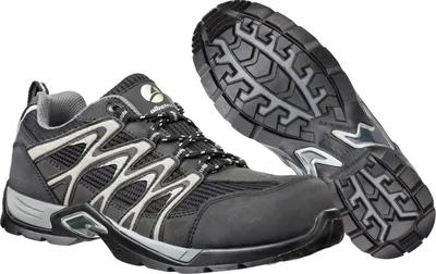 A pair of black and gray safety shoes, with one shoe shown from the side and the other from the sole.