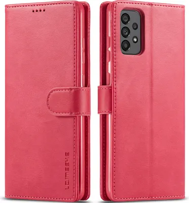 A pink flip wallet phone case for a Samsung Galaxy A53 5G is shown from two angles.