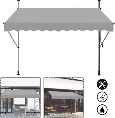 A collage showing a gray awning, and two smaller images of the awning installed on balconies or patios.