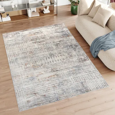 Image de Tapis Tapiso, salon/chambre, poil court, design moderne, effet moucheté, gris et crème, 80 x 150 cm