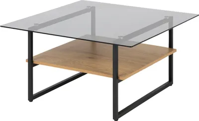 Produktbild von Selsey Beistelltisch HIDEKO - Couchtisch mit Glasplatte, schwarzem Metallgestell und Ablage in Eichenoptik, quadratisch, 80x80 cm