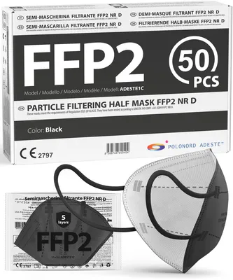 FFP2 NR D Maske, 5-lagig, schwarz, 50 Stück, einzeln versiegelt