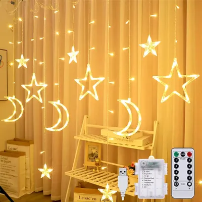 Obrázek produktu pro Světelný řetěz, délka 3,5 metru, motiv hvězdy a měsíce, 138 LED diod, 8 režimů