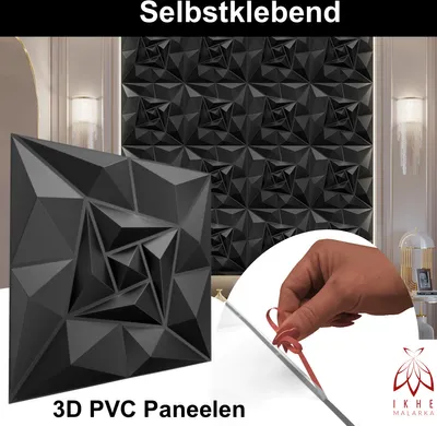 Produktbild von Selbstklebend 3D Paneele, PVC Kunststoffpaneele Wandpaneele Gaming Zimmer Wand Decke 3D Optik Diamant 8 Stück / 2 m² einfache Montage! (Schwarz 175)