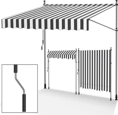 Obrázek produktu pro Clanmacy Klemmmarkise 300x120cm Markýza Výškově nastavitelná balkonová markýza s ruční klikou Ochrana před sluncem bez vrtání pro terasu a balkon Šedá Bílá