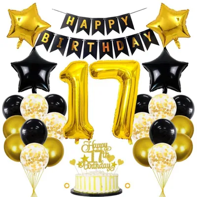 Zdjęcie produktu dla Zestaw dekoracji urodzinowych "17 lat", czarno-złoty, 32 elementy: balony, baner, dekoracje do tortu