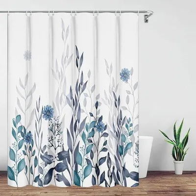 Produktbild von Ibenzoa® Duschvorhang Grau mit Blumenmuster – 180 x 180 cm, Polyester, wasserabweisende & schimmelbeständige Beschichtung, reißfest, verstellbare Haken