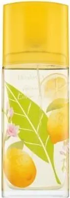 A bottle of Elizabeth Arden Green Tea Citron Freesia Eau de Toilette with a yellow cap and a label featuring lemons, leaves, and flowers.